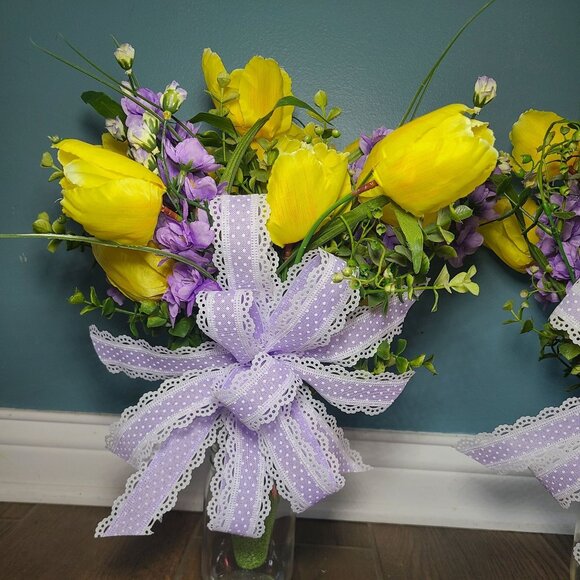 Yellow Tulips & Lavender Blossom Bush Accents, Spring Cemetery Vase Floral Arran - Picture 2 of 3